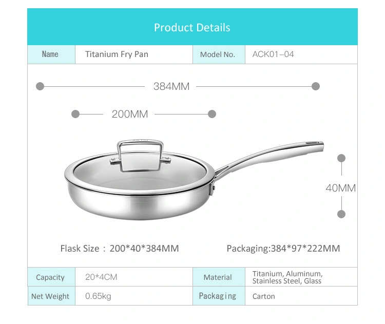 Titanium Stainless Steel Food Fry Pan Without Lid for Kitchen